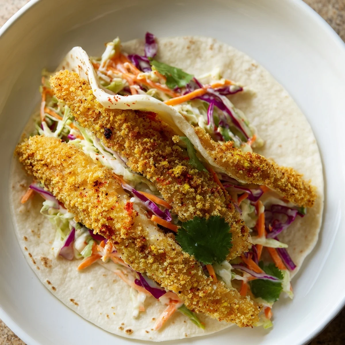Golden, crispy fish fillets nestled in soft tortillas topped with vibrant cabbage slaw and creamy drizzle.