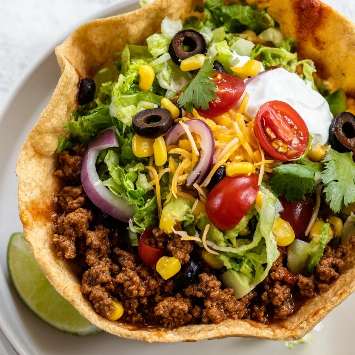 Crispy homemade tortilla bowl filled with seasoned ground beef, black beans, corn, and melted cheddar, topped with creamy sour cream.