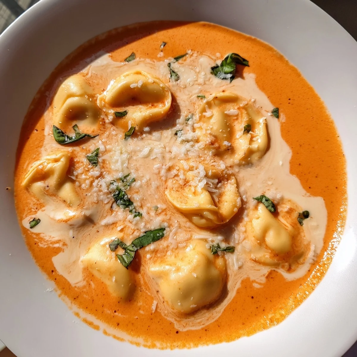 Creamy One Pot Creamy Tomato Tortellini Soup with fresh basil garnish, served steaming in a rustic bowl, ready to eat.