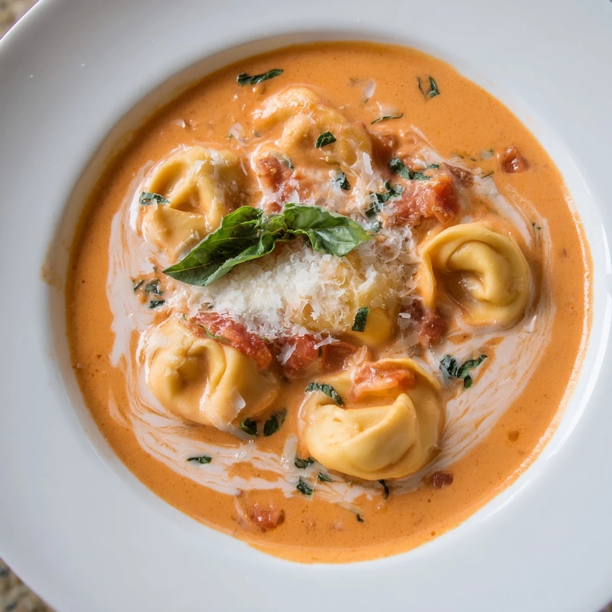 Hearty One Pot Creamy Tomato Tortellini Soup features cheesy tortellini, rich tomato broth, and Parmesan, paired with crusty bread.