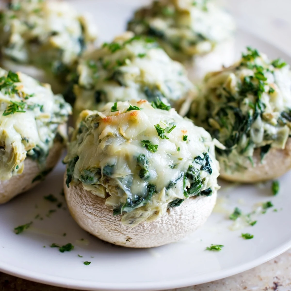 Golden-brown Cheesy Spinach and Artichoke Stuffed Mushrooms on a baking sheet with melted cheese bubbling.