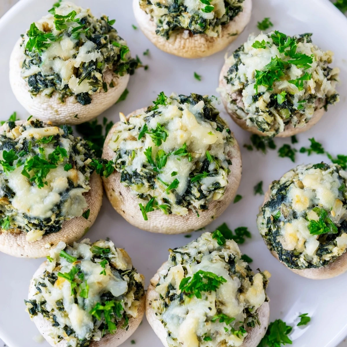 Hearty white mushroom caps overflowing with a creamy, vibrant green spinach and artichoke filling.