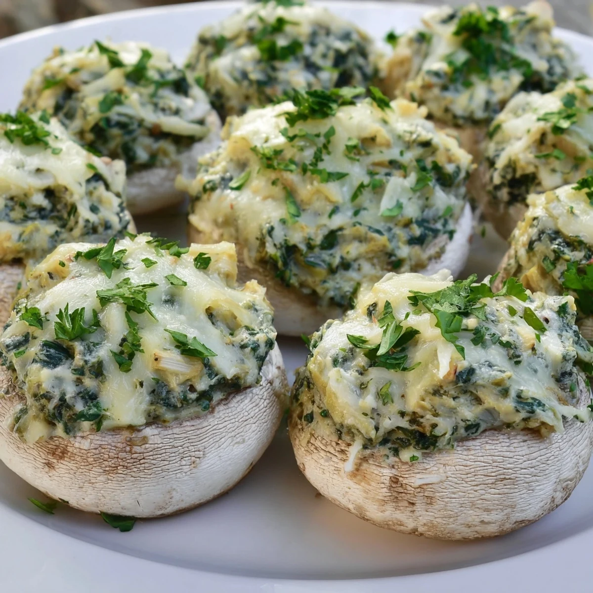 Freshly baked vegetarian appetizer garnished with parsley, perfect for a party snack platter.