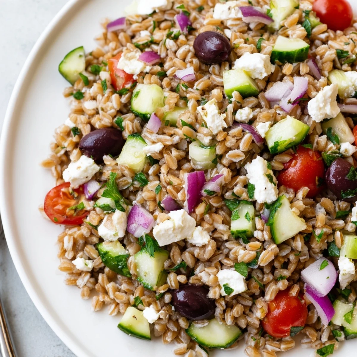 A close-up of Mediterranean Farro Salad with cucumber, tomatoes, olives, and crumbled feta on a white plate.