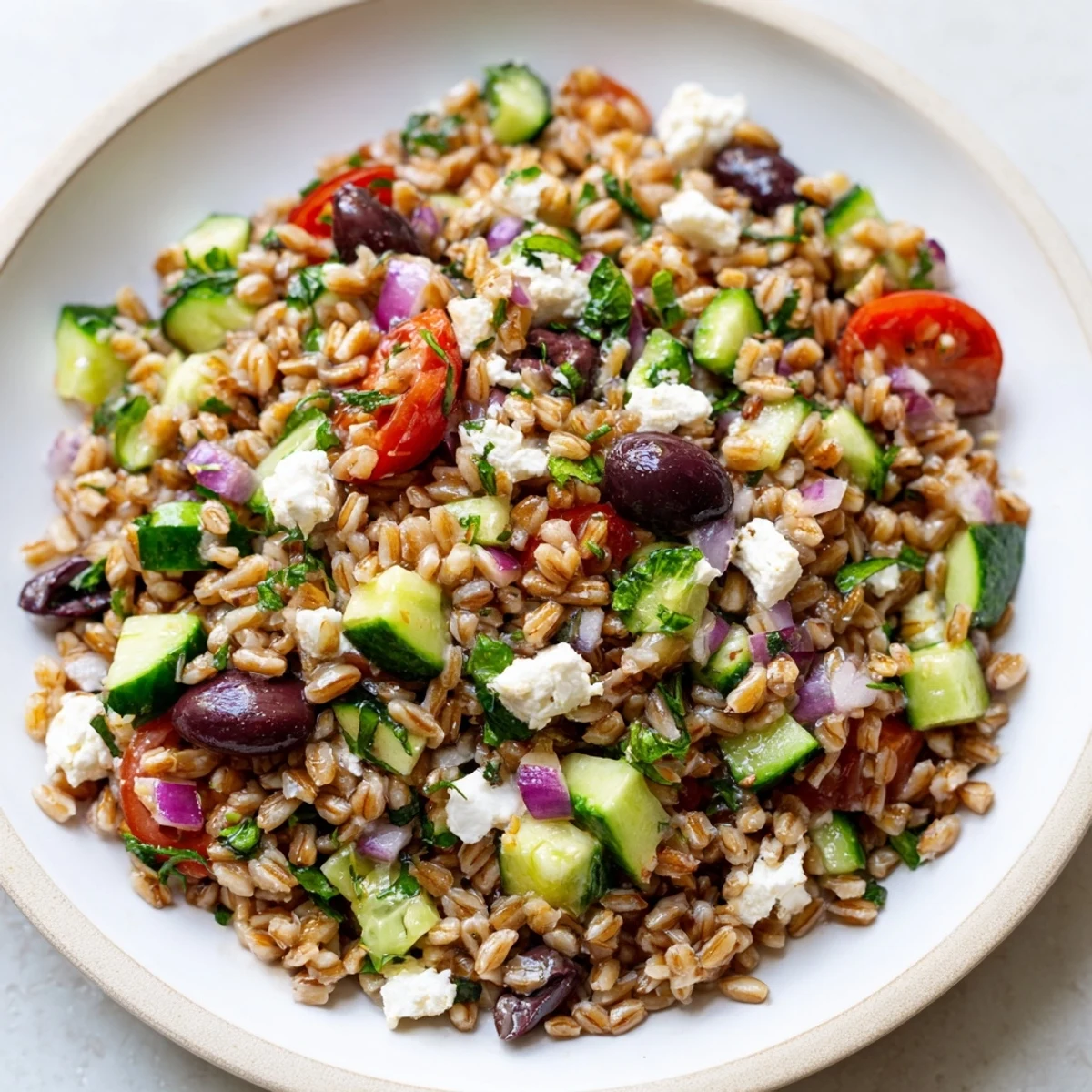 A vibrant Mediterranean Farro Salad garnished with fresh parsley, olives, and a lemon wedge on the side.