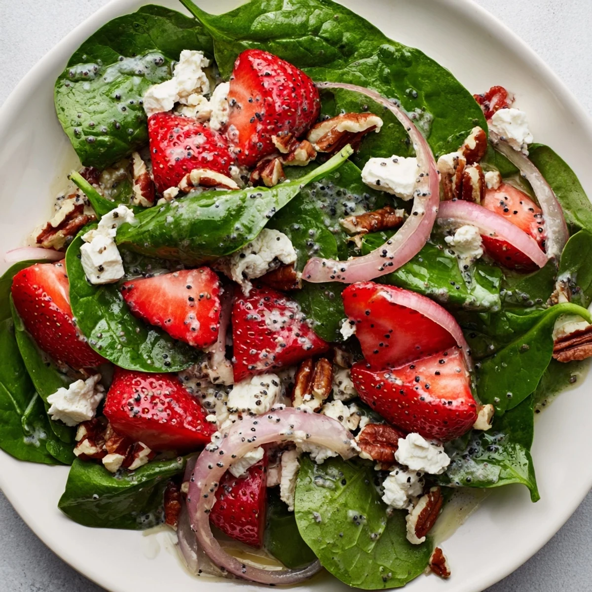 A vibrant bowl of fresh spinach salad with sliced strawberries, crumbled feta, and toasted pecans, drizzled with a creamy poppy seed dressing for a perfect spring side dish.