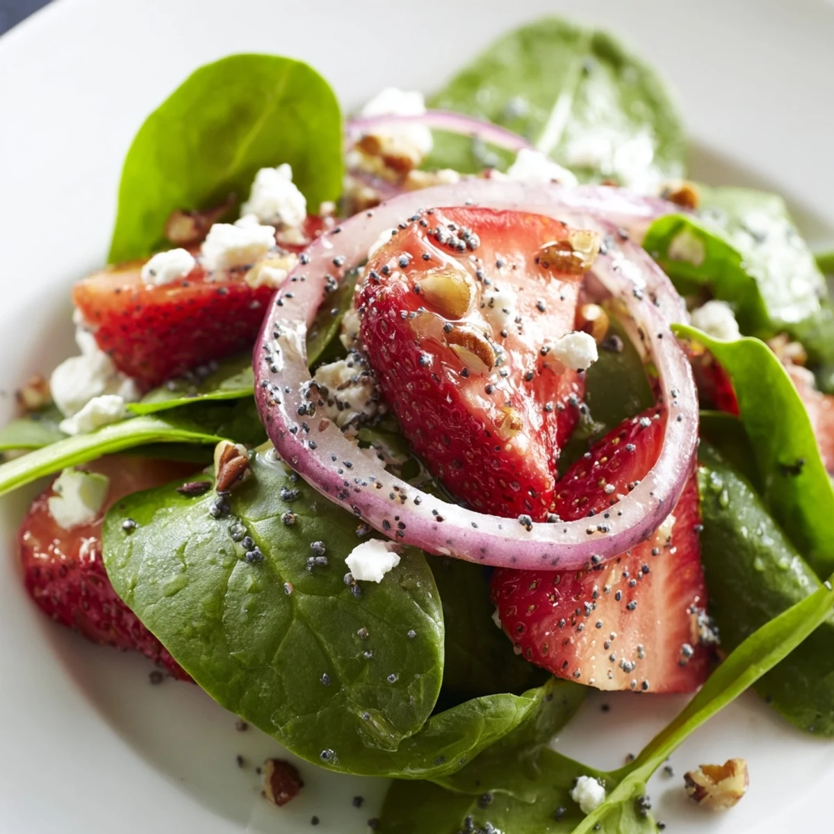 Fresh baby spinach and juicy strawberries mingle with crunchy walnuts and tangy feta cheese in this light, refreshing salad tossed in homemade poppy seed vinaigrette.