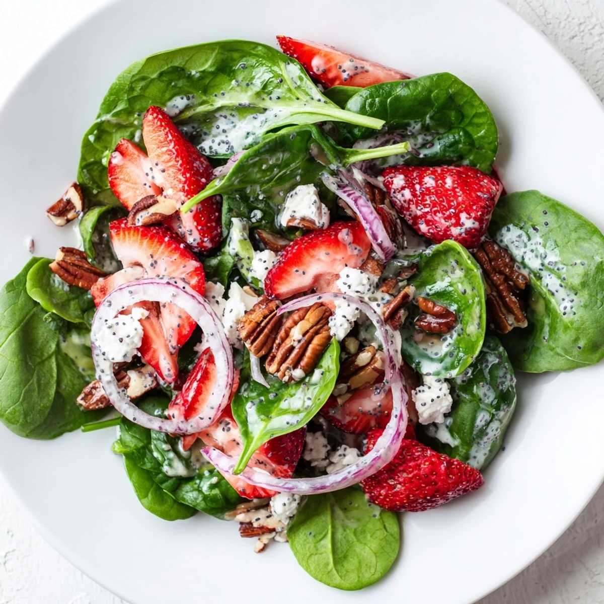 Close-up view of a colorful strawberry spinach salad with poppy seed dressing, featuring red onion, sunflower seeds, and a glossy drizzle, ideal for a healthy summer meal.