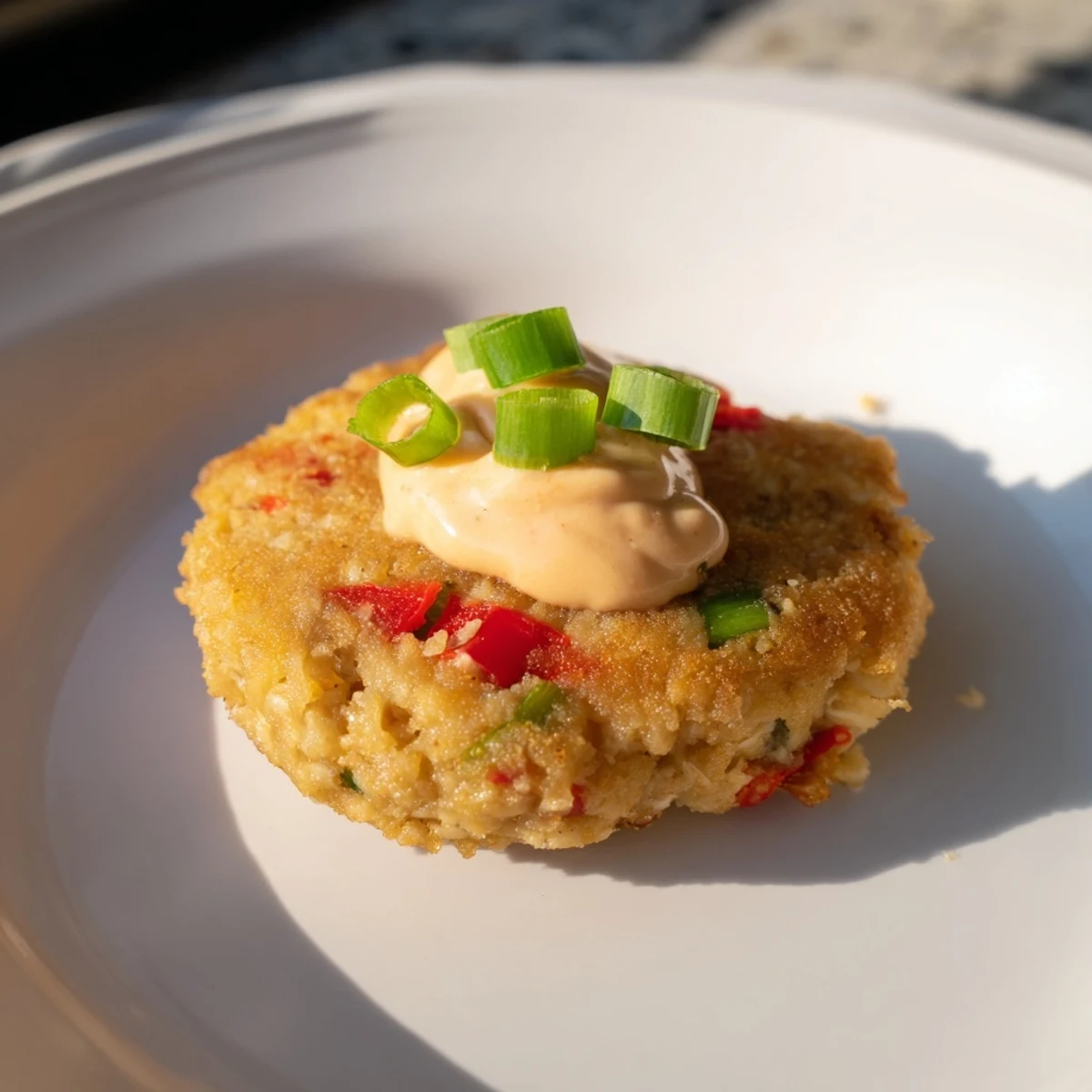 Sizzling Spicy Tuna Cakes with Sriracha Mayo being dipped into the creamy, tangy sauce, showcasing the tender, flaky interior.