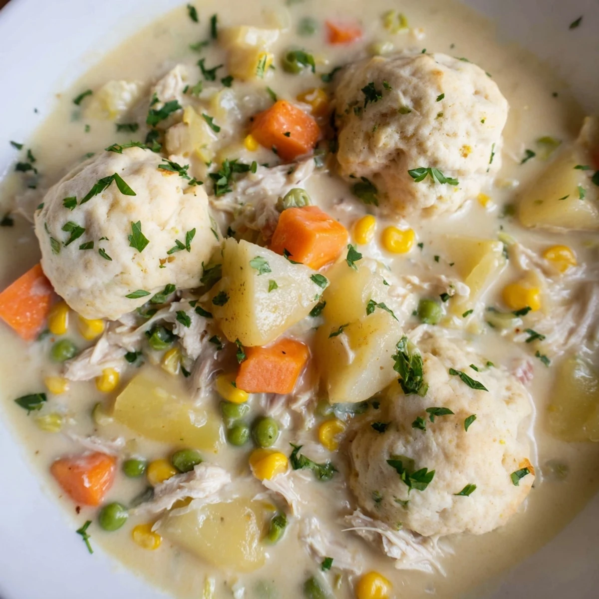 A comforting bowl of Chicken Pot Pie Soup with Biscuit Topping, featuring creamy filling and fluffy golden biscuits fresh from the oven.