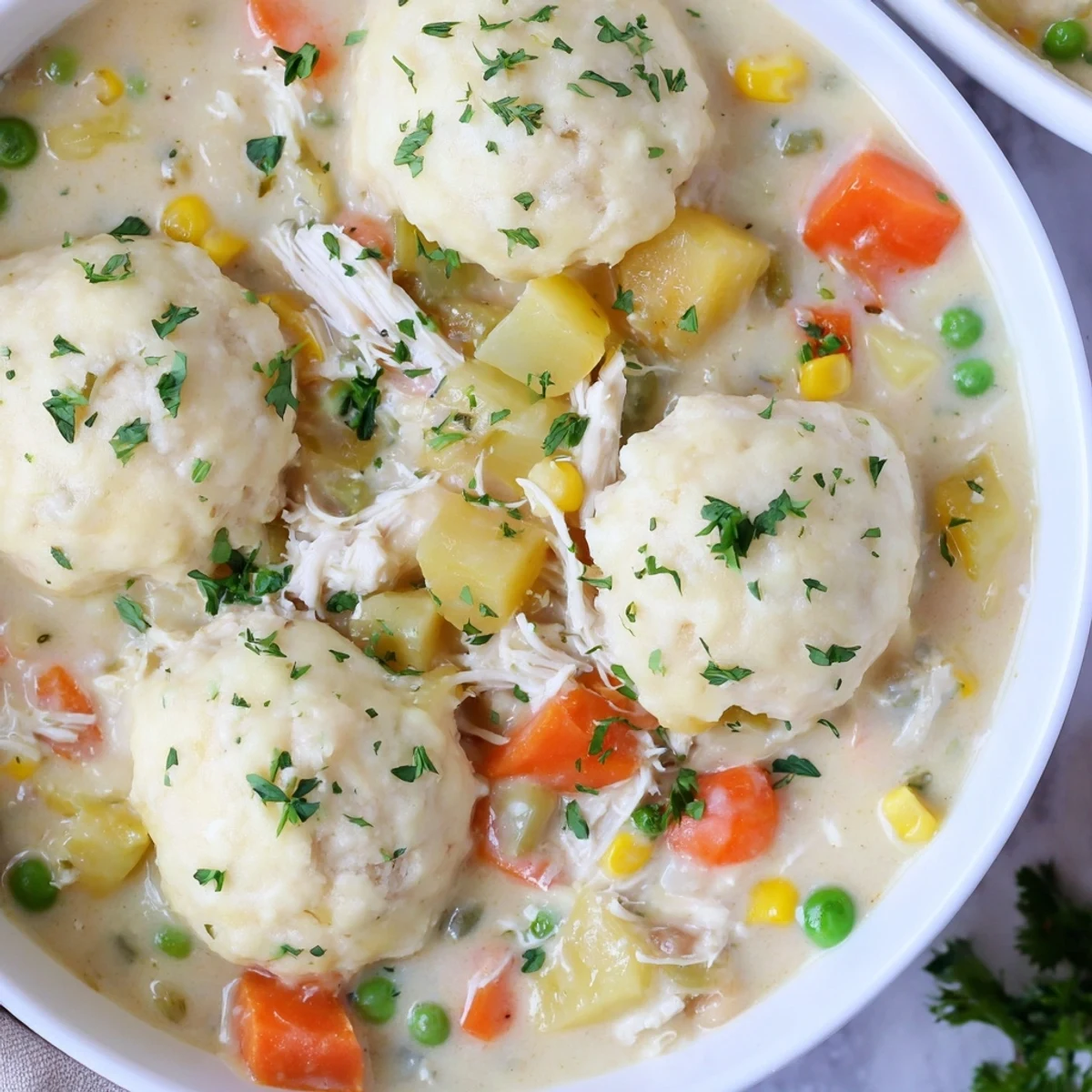 Spoon into Chicken Pot Pie Soup with Biscuit Topping, a creamy stew topped with fluffy biscuits, served warm for a cozy family dinner.