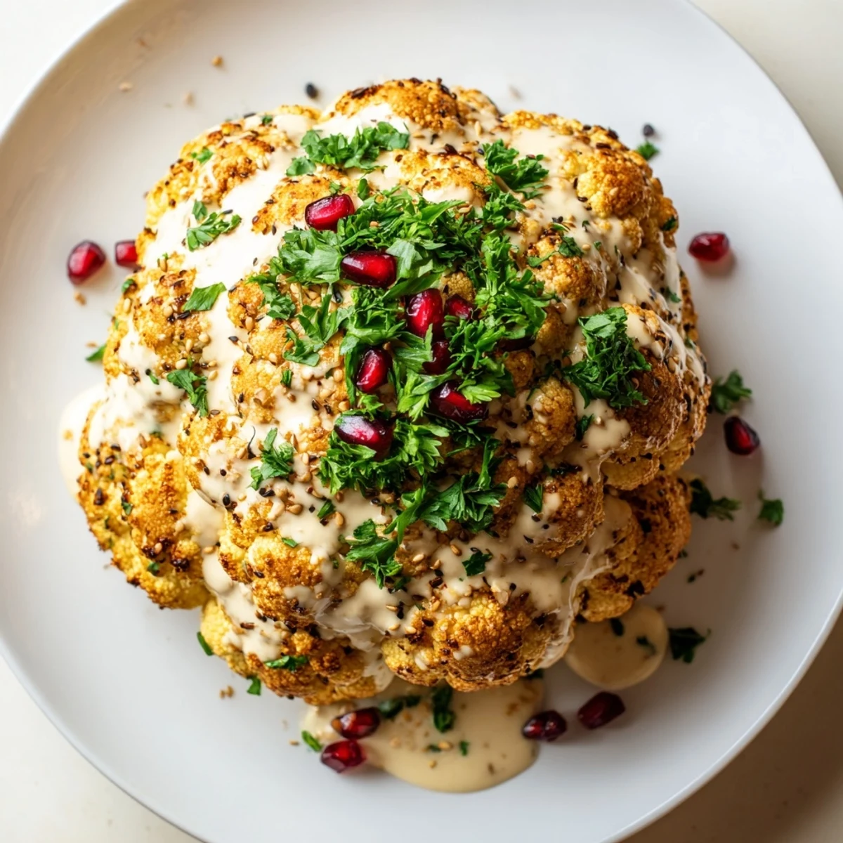 Golden-brown whole roasted cauliflower with tahini drizzle, garnished with parsley and sesame seeds.