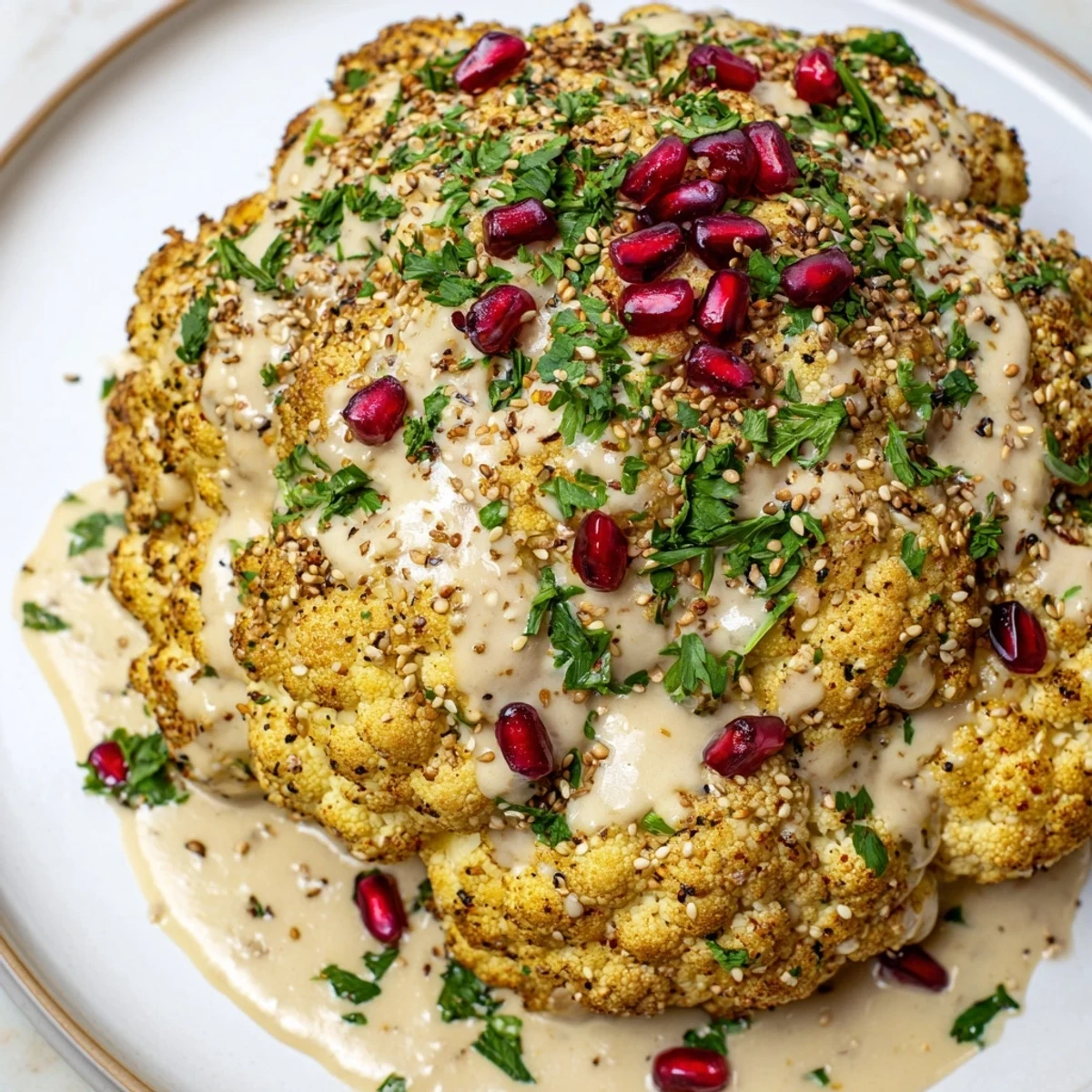 Whole roasted cauliflower with tahini drizzle, garnished with parsley, sesame seeds, and optional pomegranate.