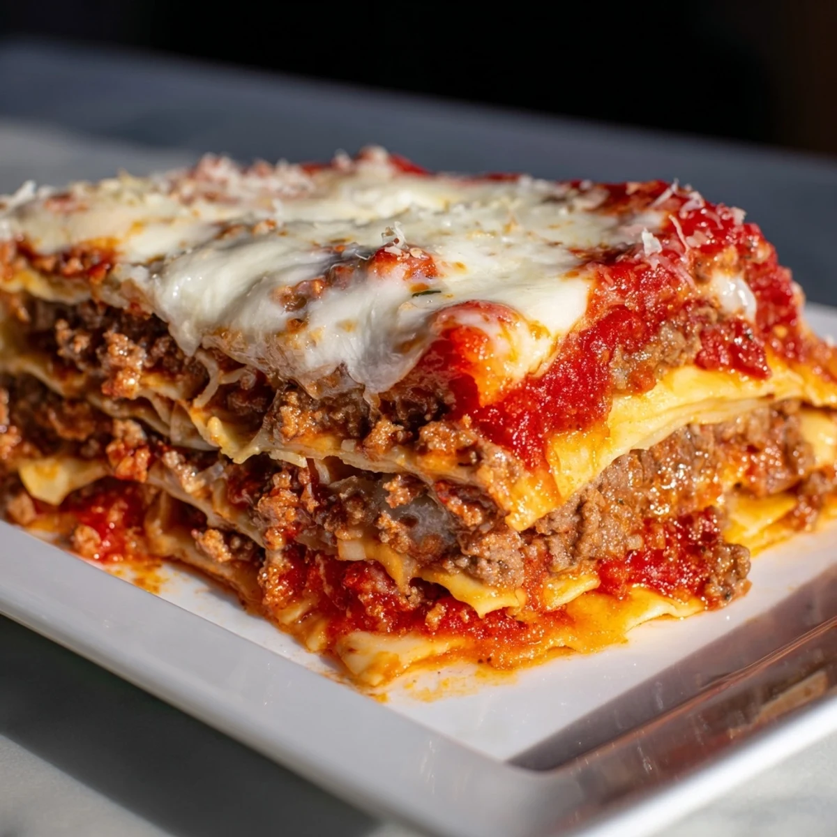 A slice of Classic Beef Lasagna with Homemade Marinara, featuring bubbling melted mozzarella and golden Parmesan on top, served on a white plate.