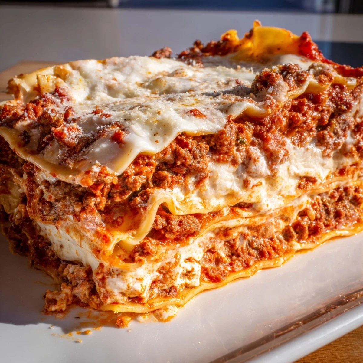 Hearty layers of Classic Beef Lasagna with Homemade Marinara, revealing rich beef ragù, creamy béchamel, and fresh basil garnish in a rustic serving dish.