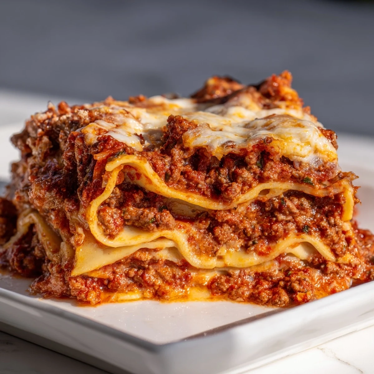 Classic Beef Lasagna with Homemade Marinara fresh from the oven, with golden, bubbly cheese and a side of crisp green salad on a wooden table.