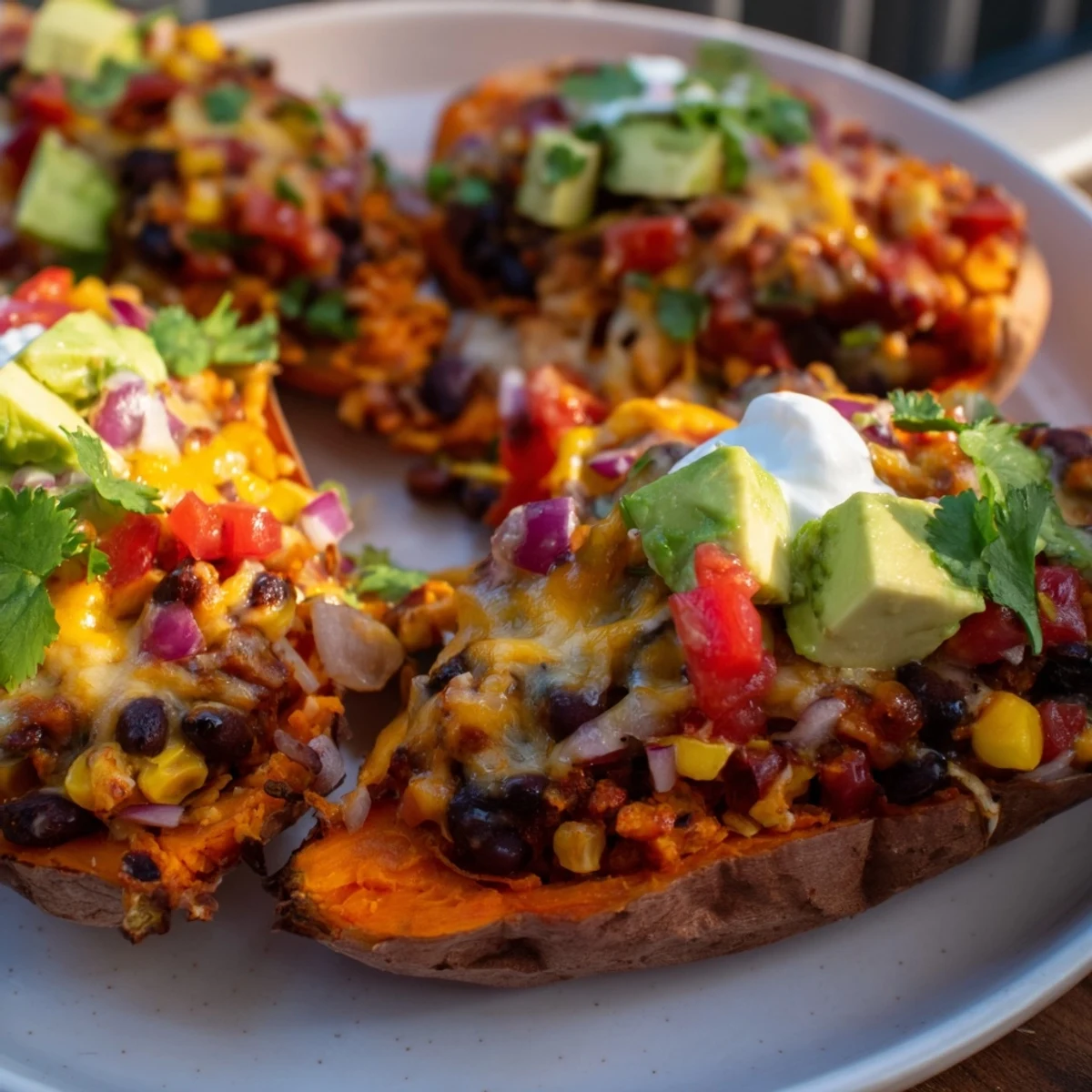 Golden-brown Loaded Sweet Potato Skins with Black Beans, topped with melted cheese and fresh avocado.
