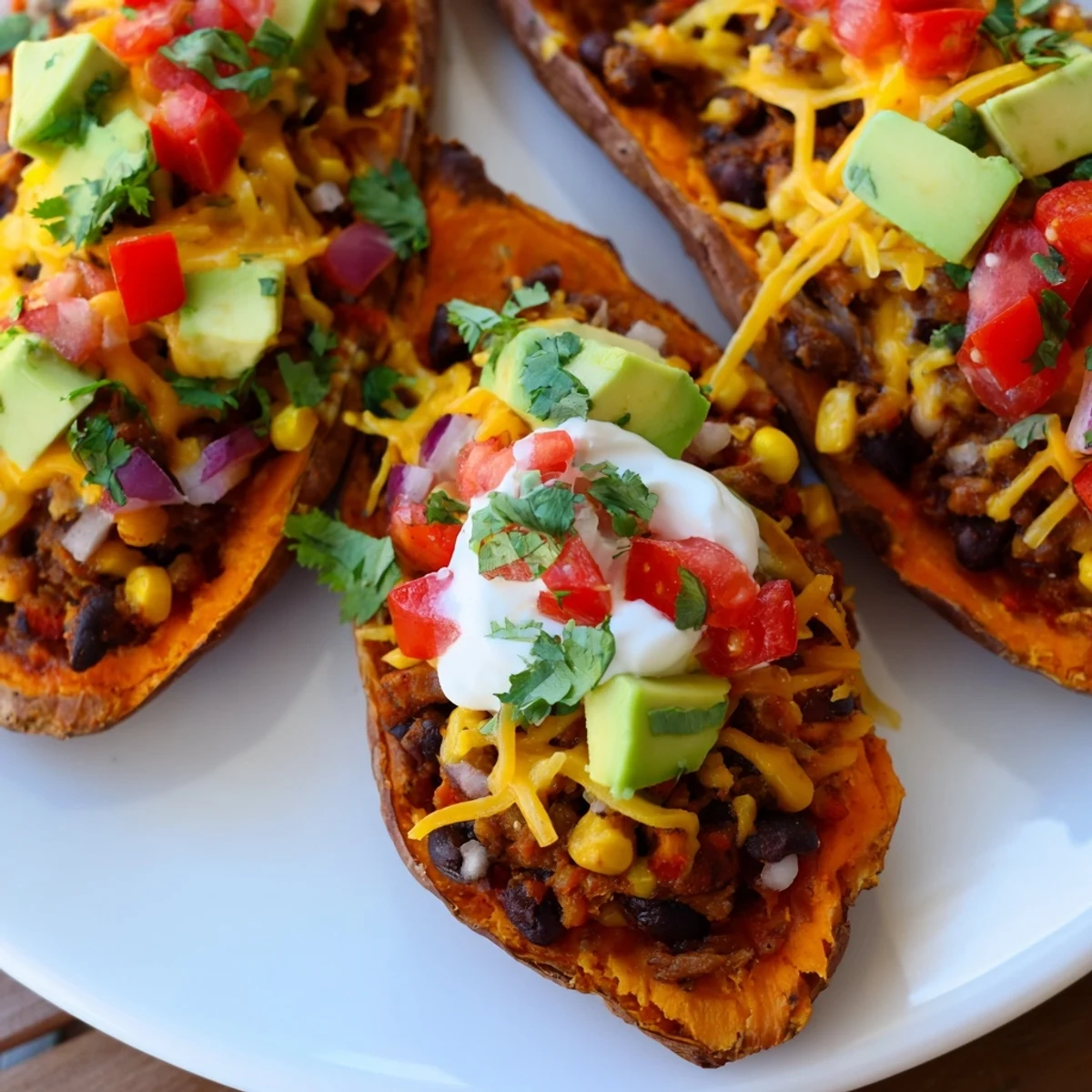 A close-up of Loaded Sweet Potato Skins with Black Beans, garnished with salsa and cilantro.
