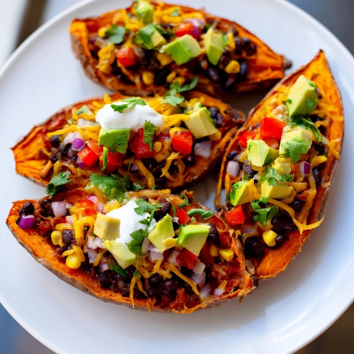 Sizzling Loaded Sweet Potato Skins with Black Beans, served with sour cream and lime on the side.