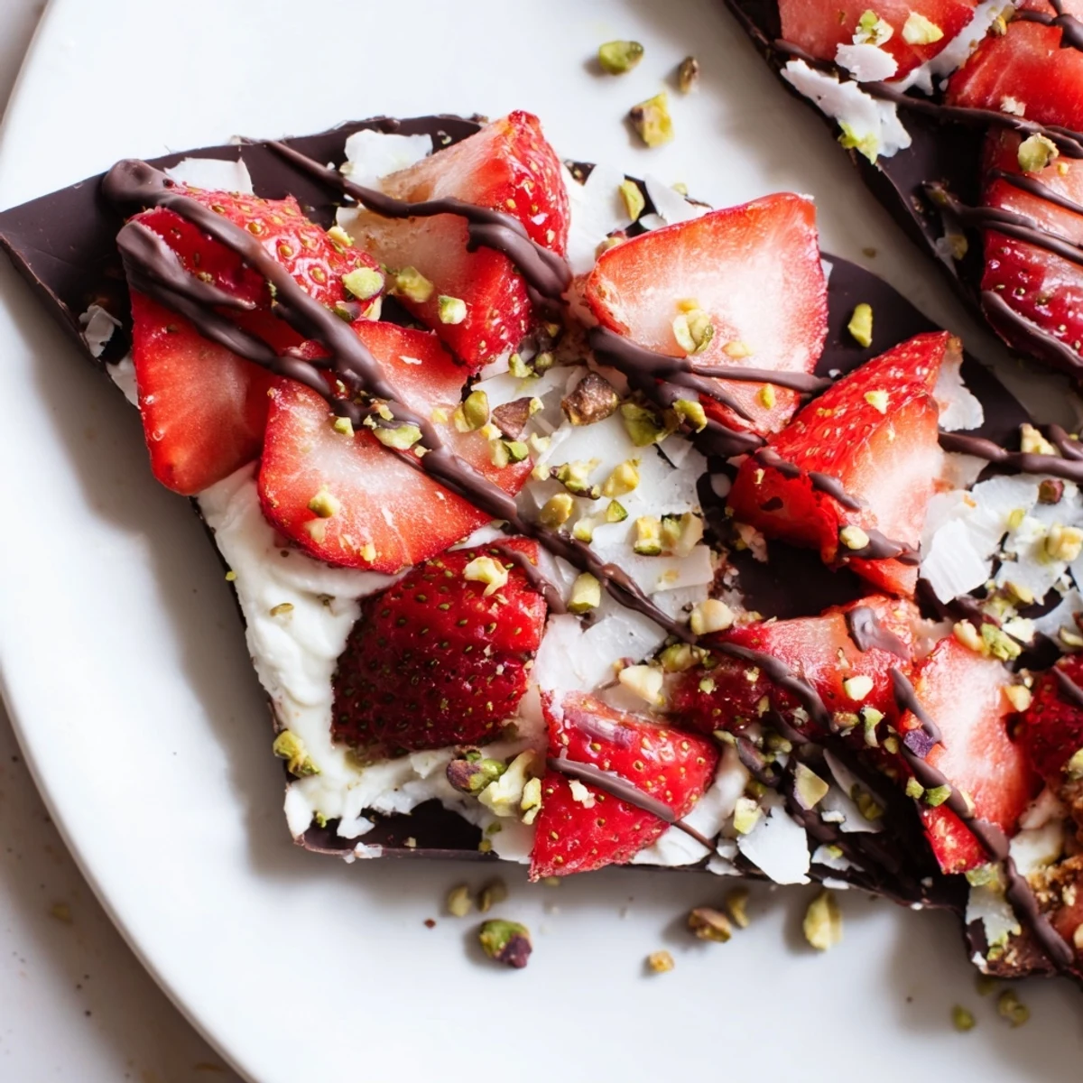 Perfectly set chocolate covered strawberry yogurt bark with glossy dark chocolate drizzles and bright red berry pieces, ideal for a light dessert.