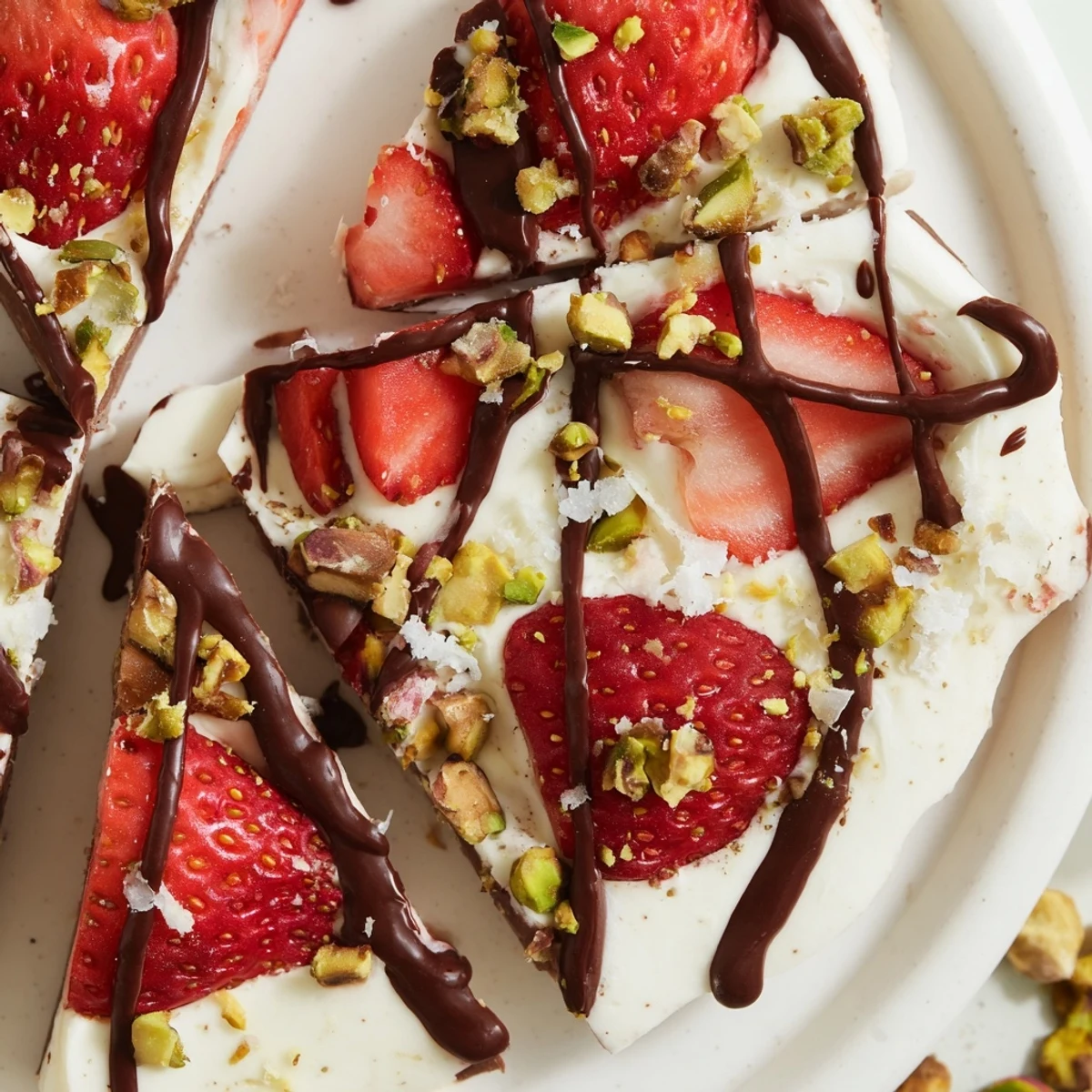 Frozen yogurt bark slices on a rustic wooden board, featuring juicy strawberries and melted chocolate, ready for a healthy, refreshing snack.  