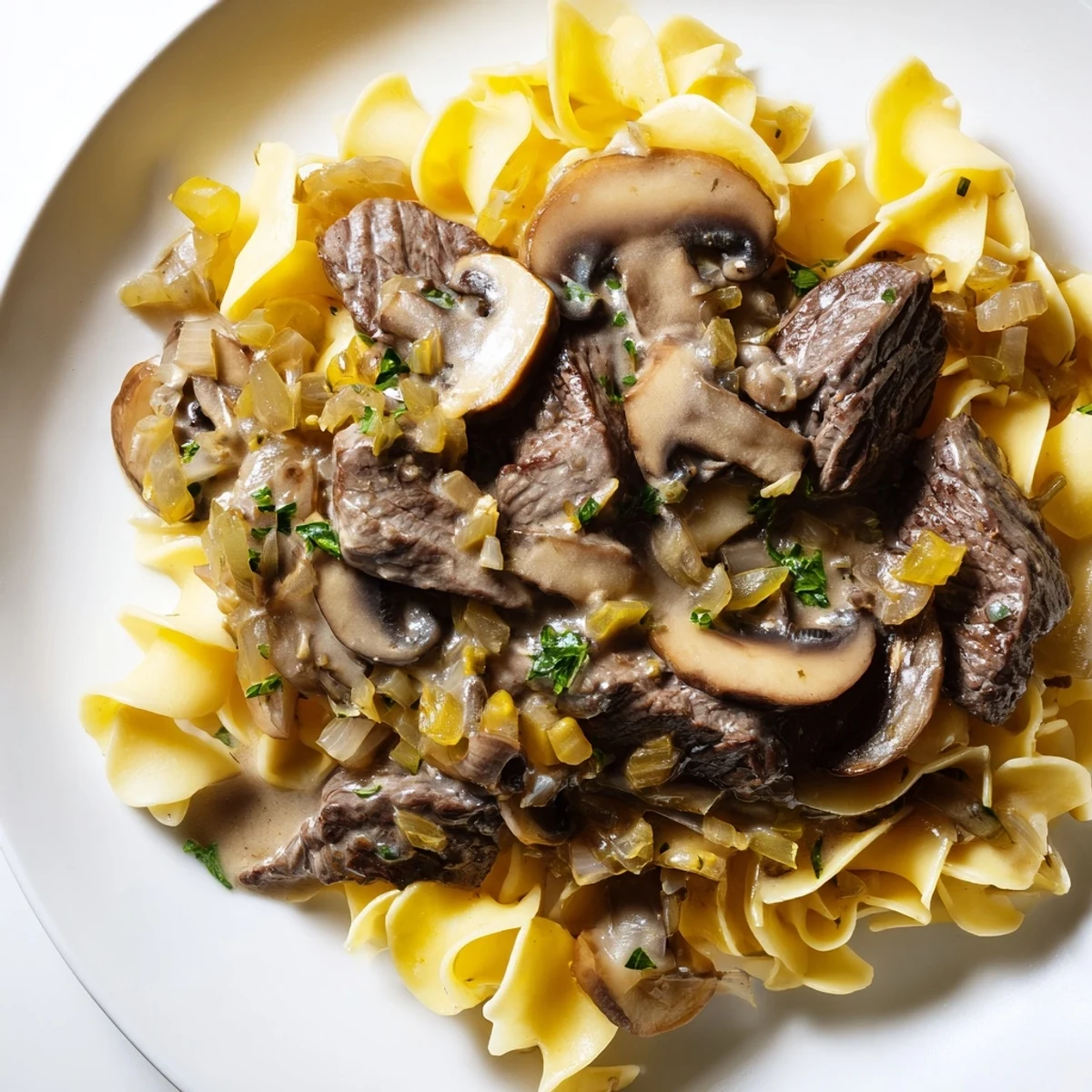 Freshly chopped parsley garnishes a hearty bowl of Beef Stroganoff, where glossy, rich sauce clings to wavy egg noodles and savory beef and mushroom slices. 
