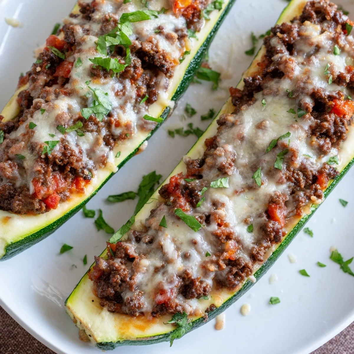 A close-up of baked Zucchini Boats Stuffed with Ground Beef, served hot and garnished with fresh parsley.