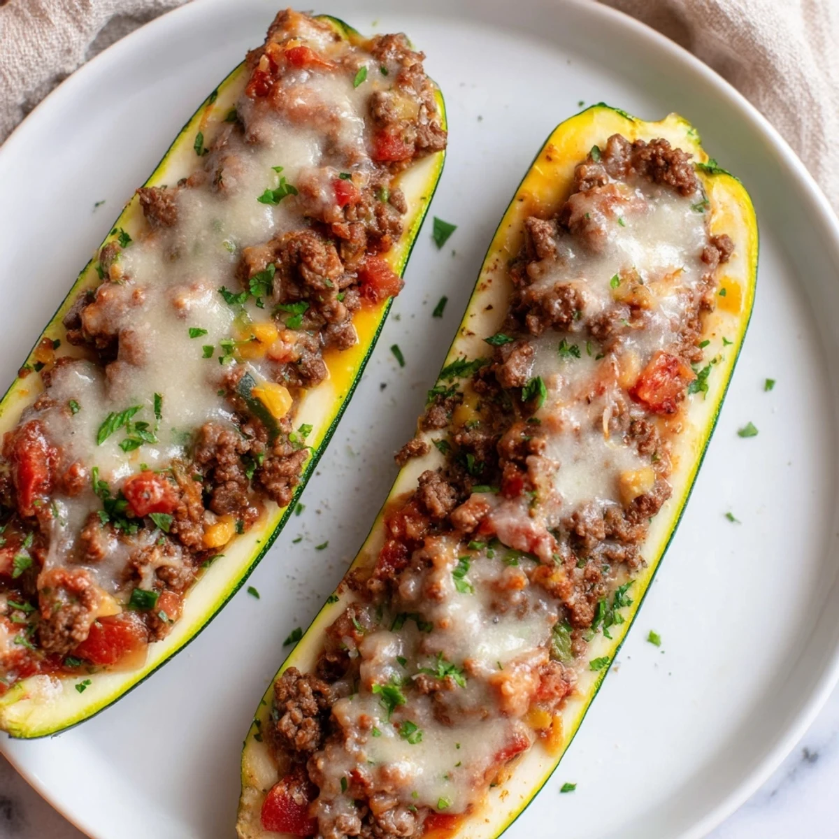 Freshly baked low-carb Zucchini Boats Stuffed with Ground Beef topped with melted cheese, perfect for a family dinner.