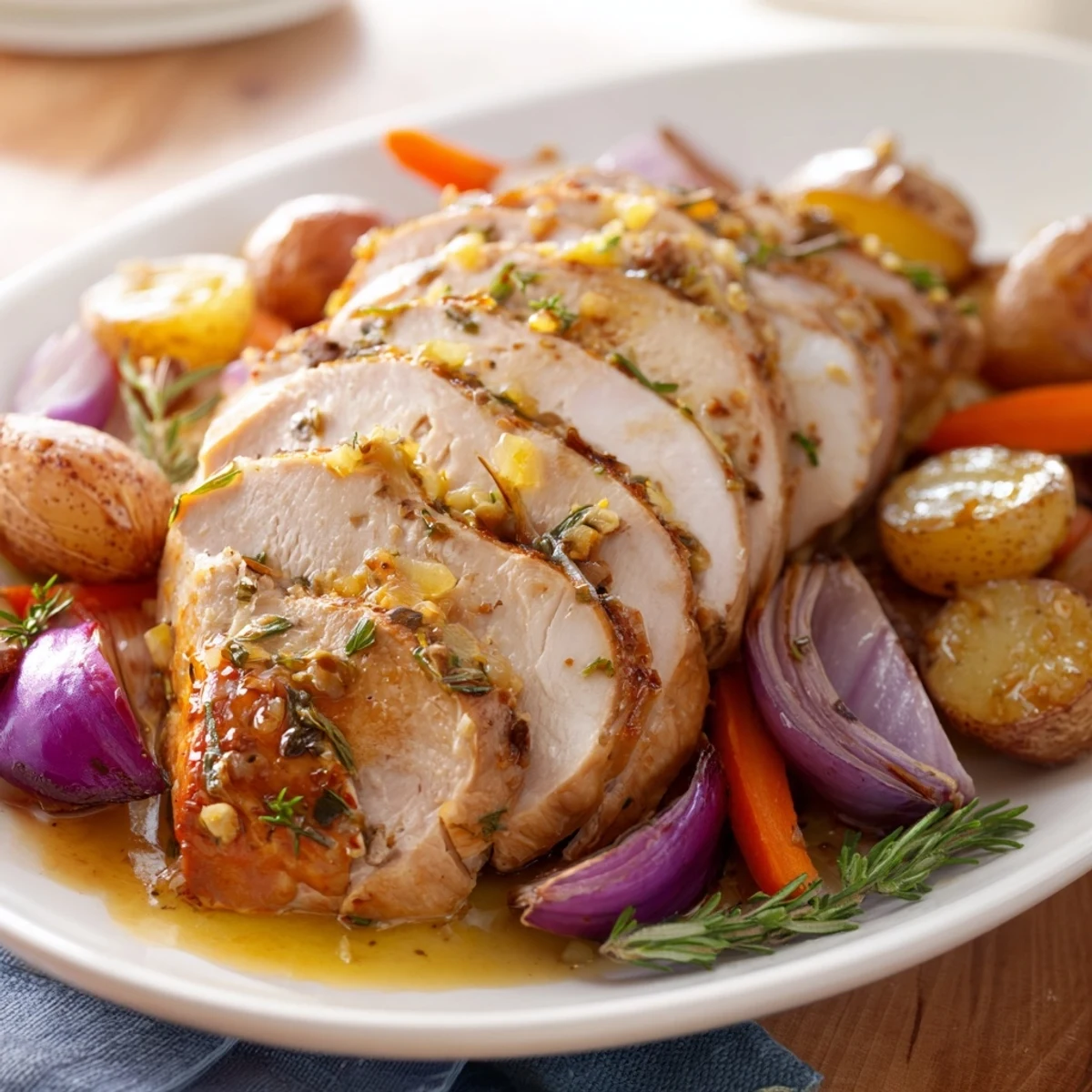 Golden-brown Sheet Pan Lemon Herb Turkey Breast, roasted with tender baby potatoes, carrots, and red onion, served with fresh rosemary sprigs and lemon wedges.