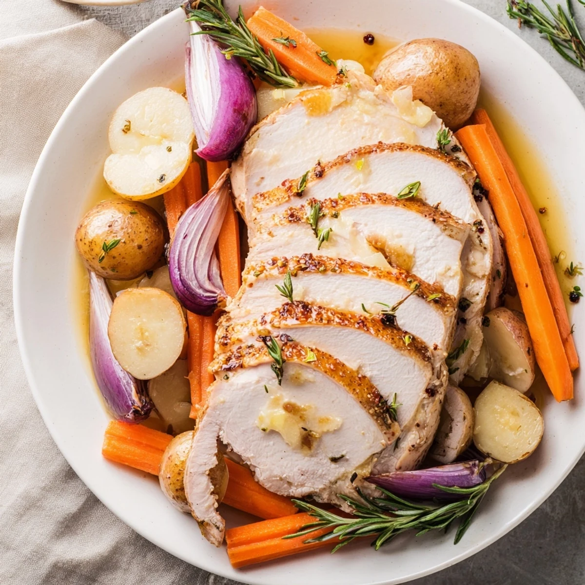 A close-up slice of juicy Sheet Pan Lemon Herb Turkey Breast, revealing moist white meat alongside roasted vegetables and a glossy herb-infused pan sauce.