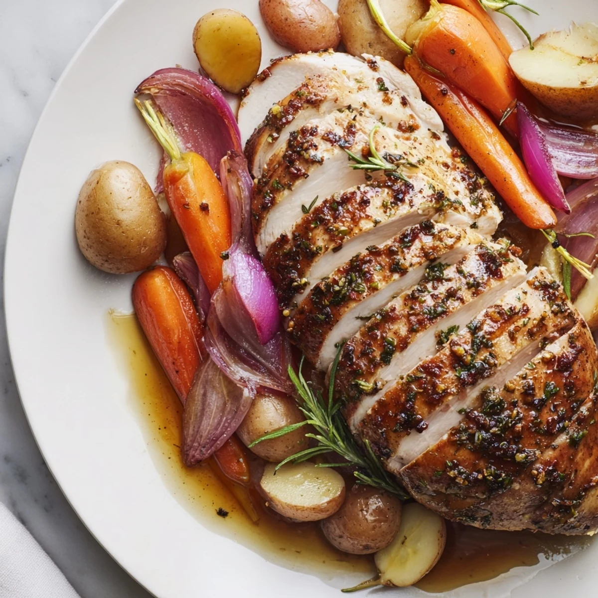 Golden, crispy-skinned Sheet Pan Lemon Herb Turkey Breast rests on a bed of colorful roasted vegetables, garnished with fresh thyme and lemon zest.
