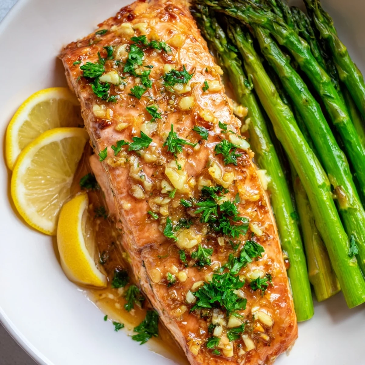 Tender lemon garlic butter salmon fillets roasted alongside crisp green asparagus spears on a baking sheet.  