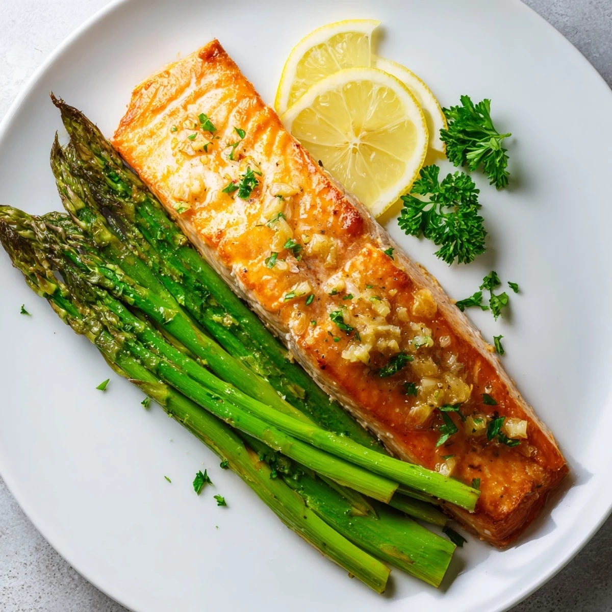 A close-up view of golden salmon with fresh parsley garnish and roasted asparagus, highlighting the zesty butter sauce.  