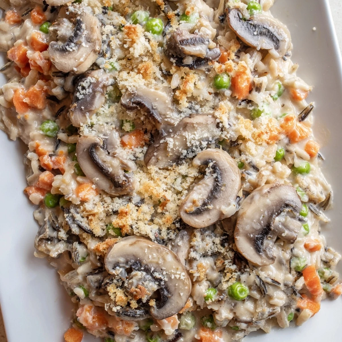 Golden-brown Creamy Mushroom and Wild Rice Casserole bubbling from the oven, served in a white dish.