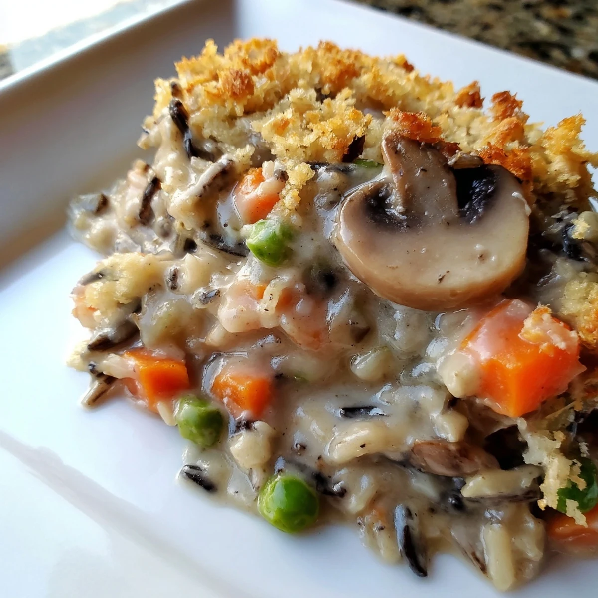Earthy cremini mushrooms and tender wild rice in a rich, creamy sauce topped with crunchy panko.