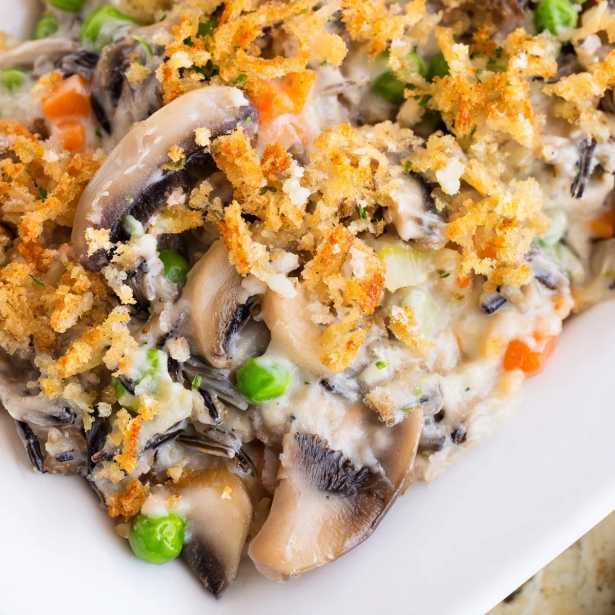 Freshly baked Creamy Mushroom and Wild Rice Casserole garnished with parsley, ready for a family dinner.