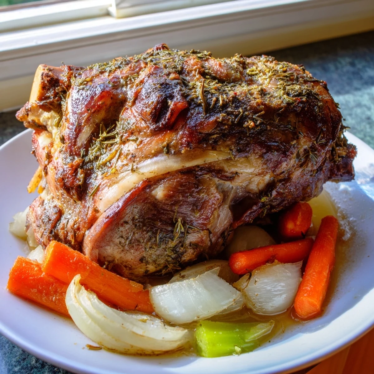 Slow Cooked Lamb Shoulder with Garlic Herbs is plated with roasted carrots and celery, glistening with savory pan juices.