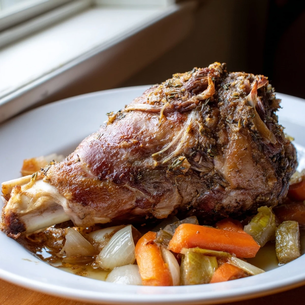 A tender, fall-off-the-bone Slow Cooked Lamb Shoulder with Garlic Herbs sits in a Dutch oven, surrounded by aromatic vegetables.