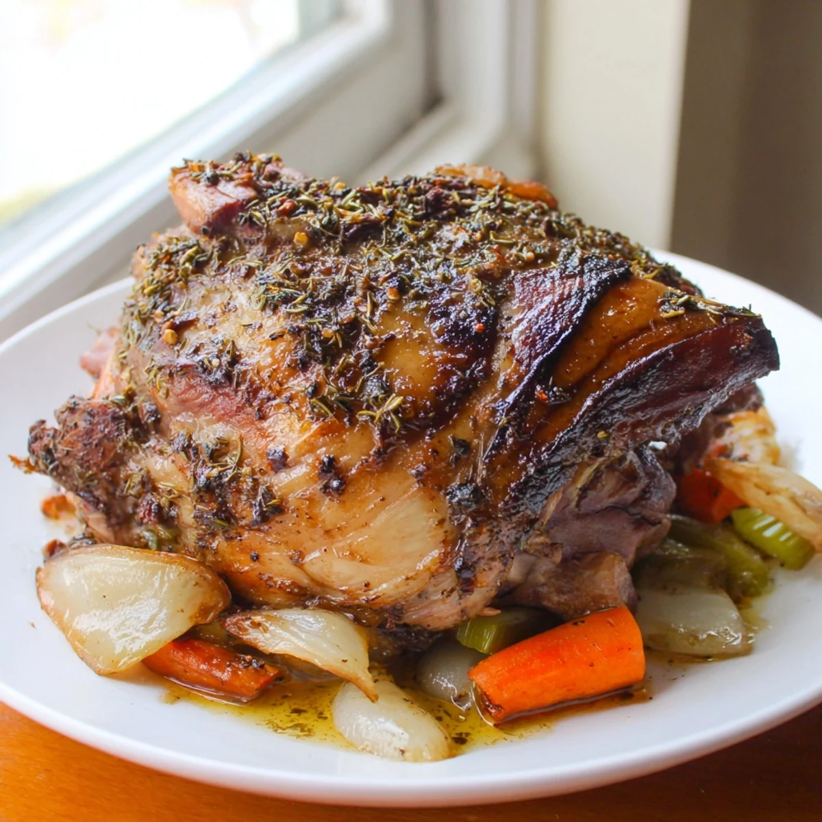 Fresh rosemary, thyme, and garlic top this Slow Cooked Lamb Shoulder with Garlic Herbs, ready to be served family-style.