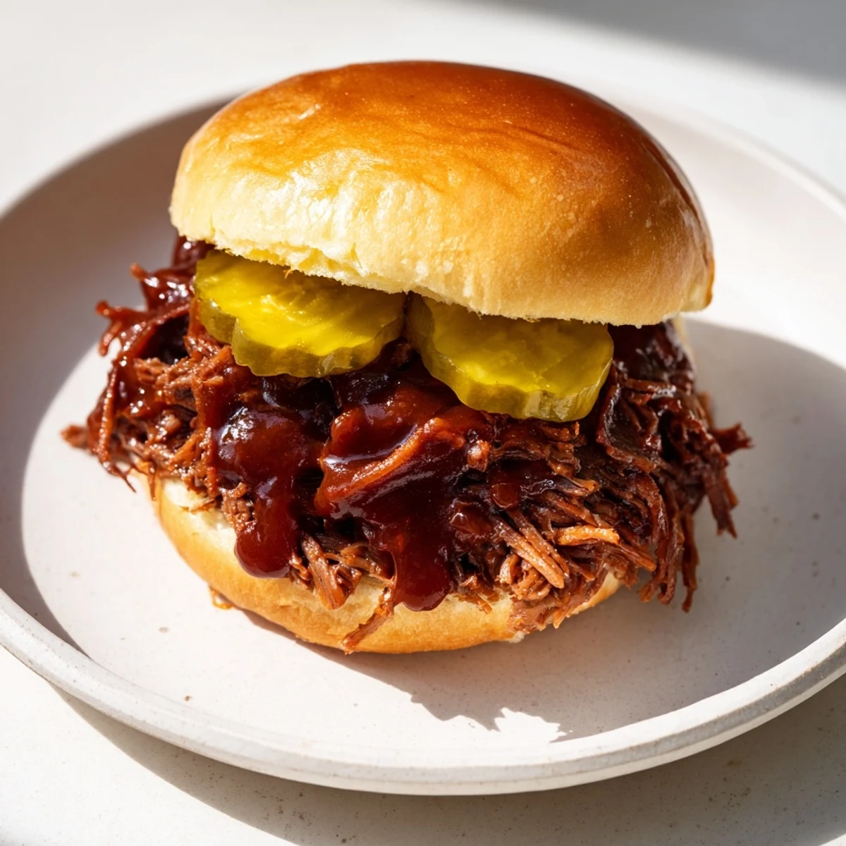 Juicy Pulled Beef Sliders with Pickles stacked high, showcasing slow-cooked meat, melted butter buns, and tangy crunchy garnish for game day.