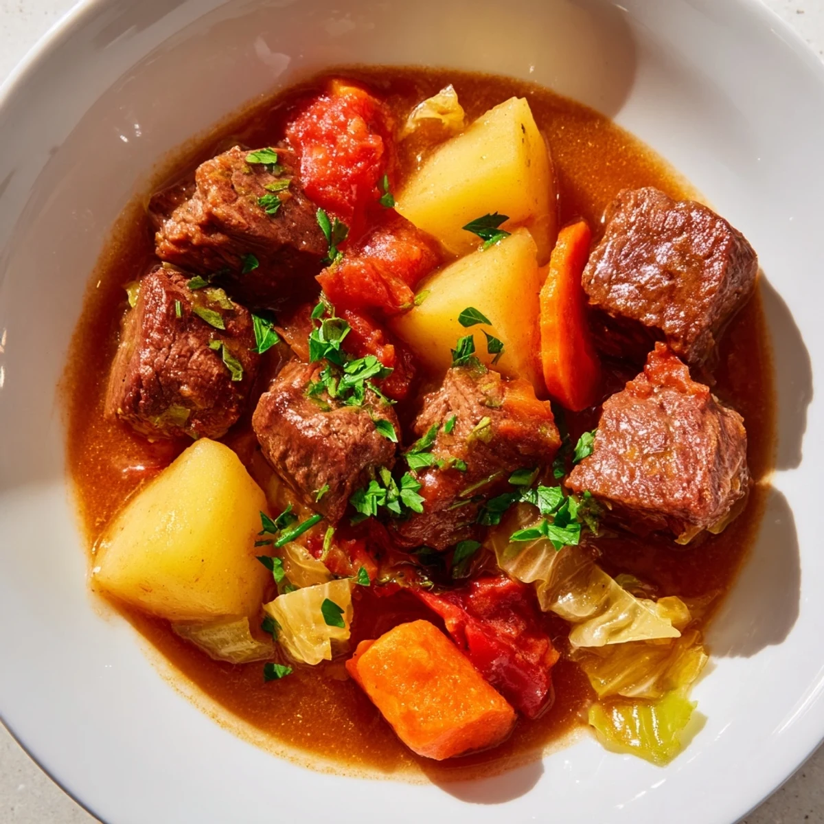 Colorful cabbage and beef soup with potatoes in a white bowl, served alongside crusty bread for dipping.