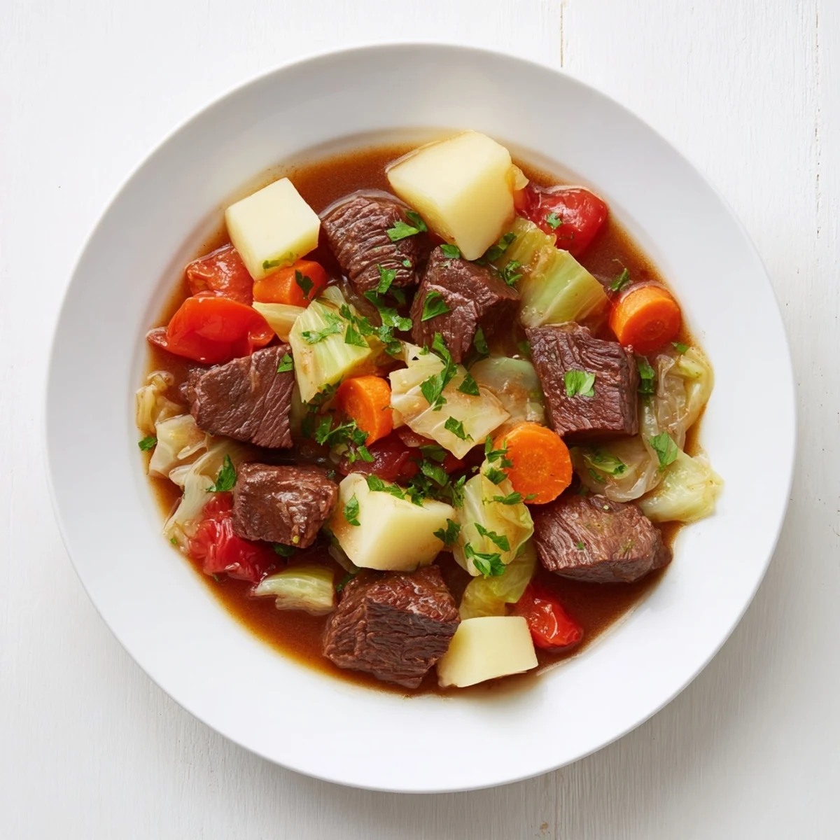 Steam rises from a bowl of rustic cabbage and beef soup featuring potatoes, parsley garnish, and a rustic spoon.  