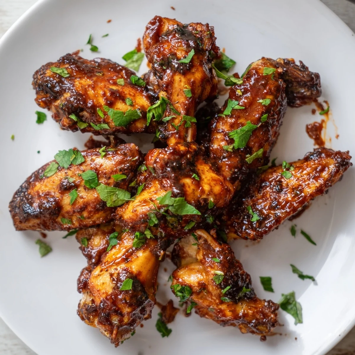 Sticky barbecue glazed chicken wing platter glistening on a platter, served with crisp celery sticks for a classic game-day snack.  