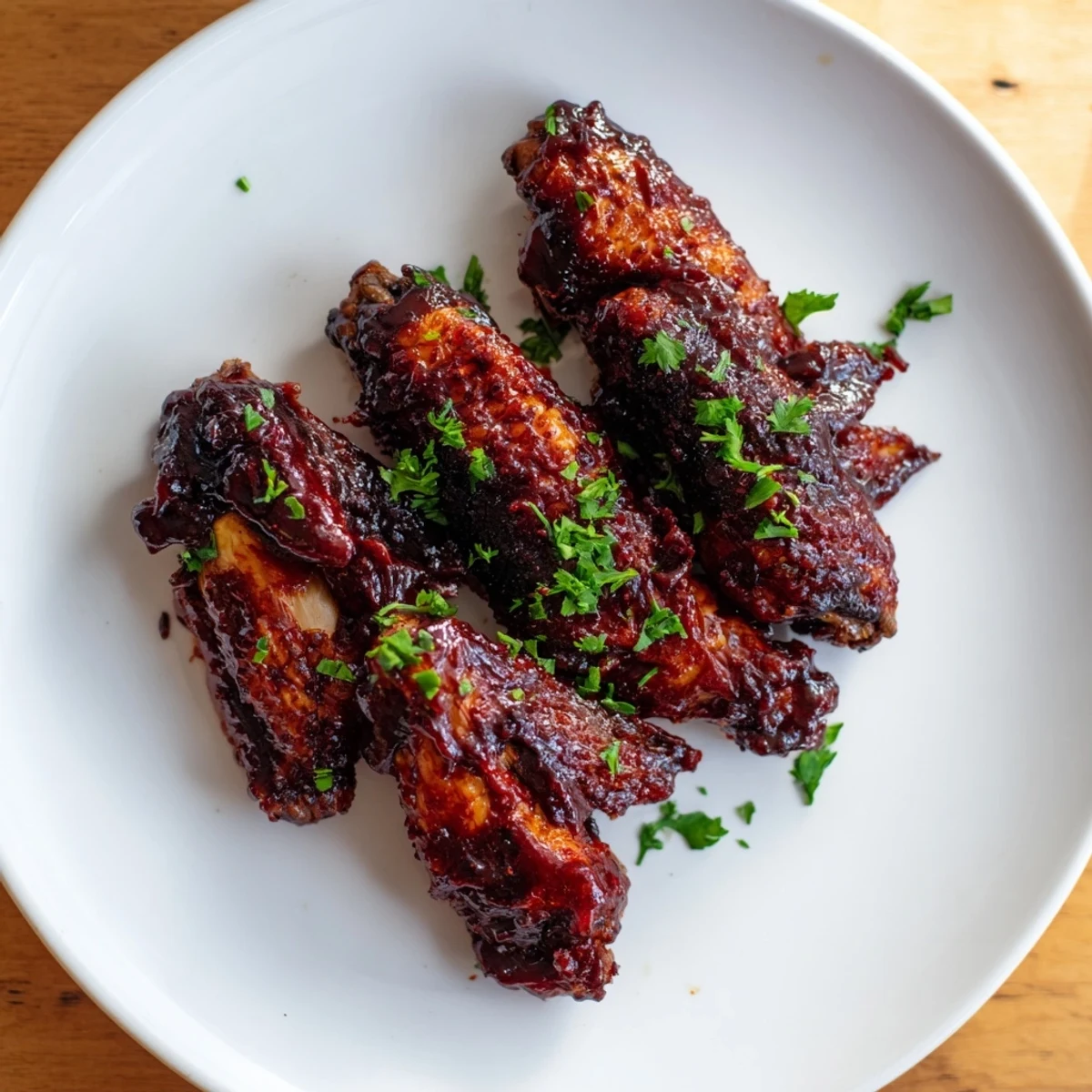 Juicy crispy chicken wing platter with BBQ sauce garnished with parsley, alongside carrot sticks for a fresh, balanced bite.