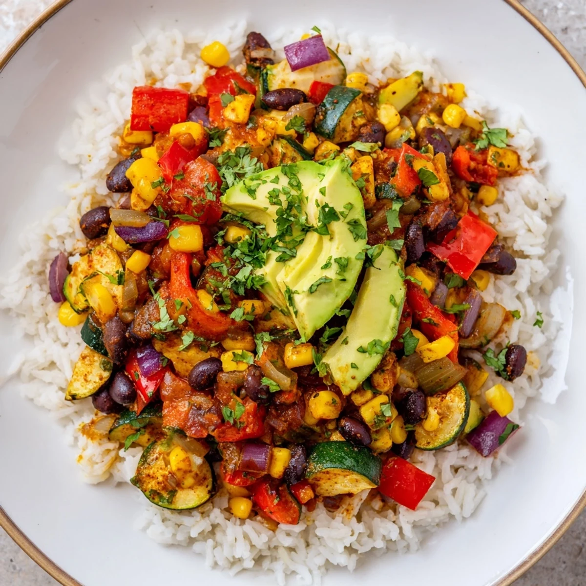 Close-up of a colorful Veggie Rice Bowl with Cajun Spices, featuring red and yellow bell peppers, black beans, and corn, topped with fresh cilantro and lime wedges.  