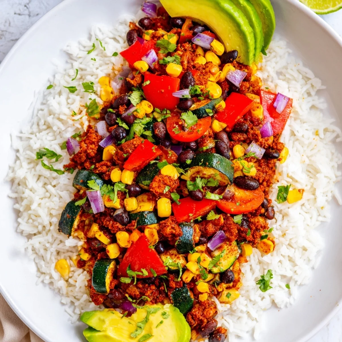 Hearty bowl of fluffy rice topped with Cajun-spiced vegetables, creamy avocado slices, and bright cilantro, ready to enjoy.