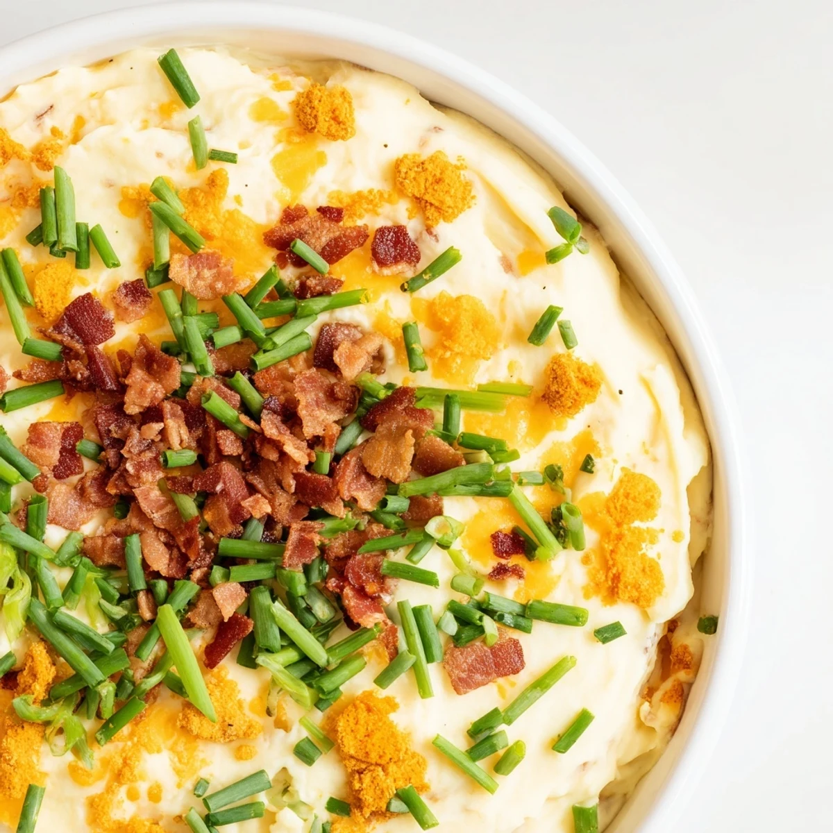 A close-up of Loaded Baked Potato Dip, creamy and speckled with bacon and chives, served with crunchy potato chips for dipping.  