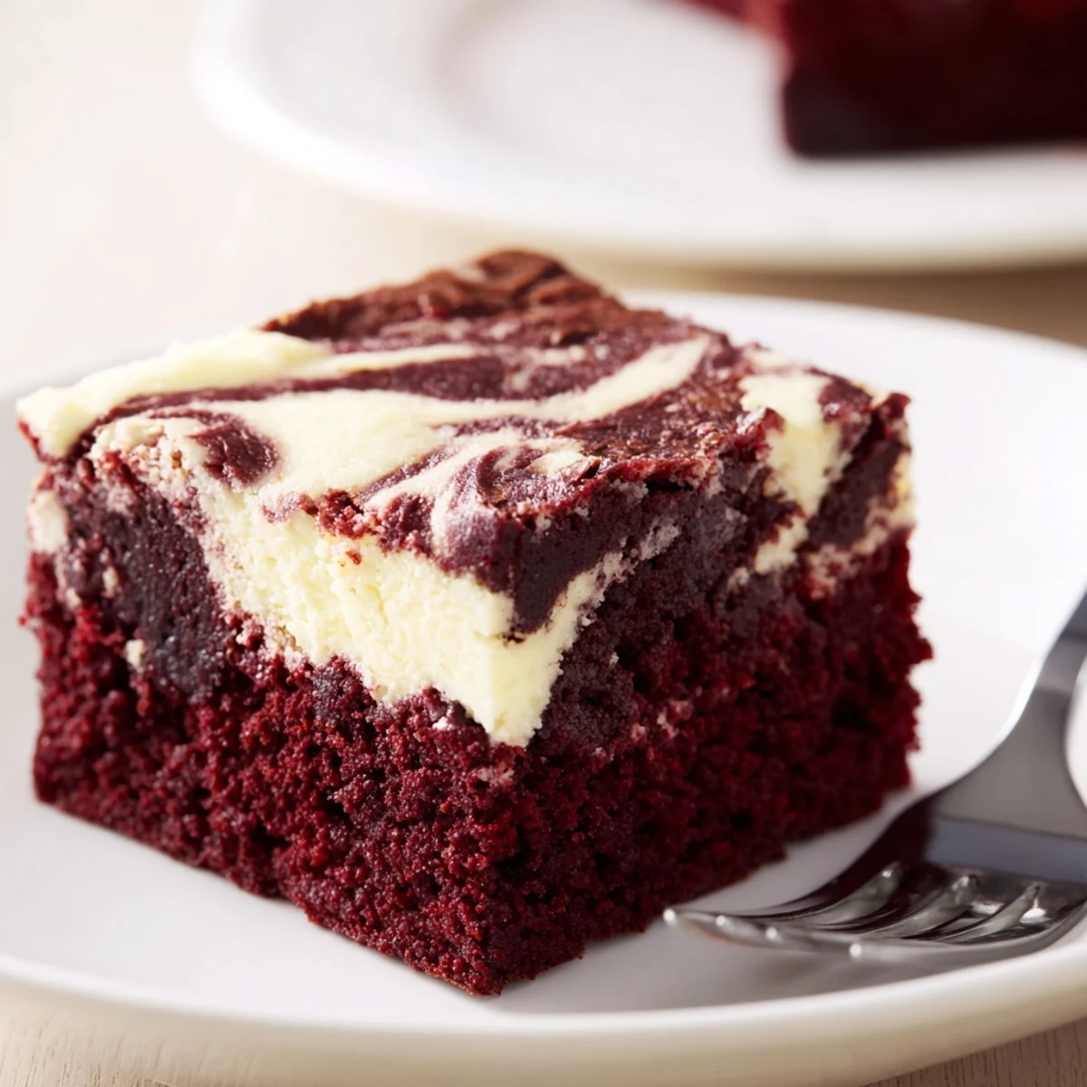 Freshly baked Red Velvet Brownies with Cheesecake Swirl cut into squares on a plate, showing creamy marbled texture.