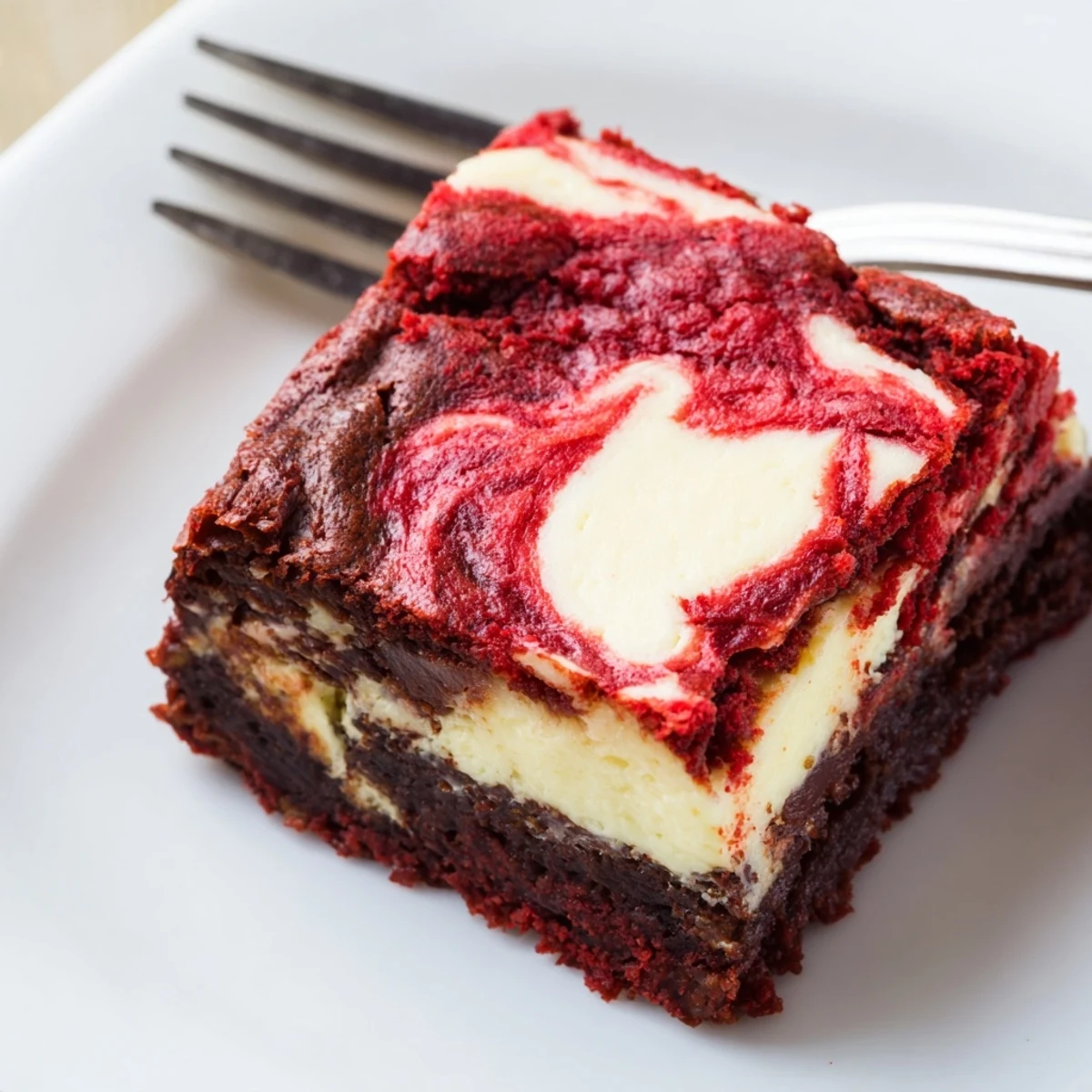 Decadent Red Velvet Brownies with Cheesecake Swirl topped with vanilla ice cream melting over fudgy slices.