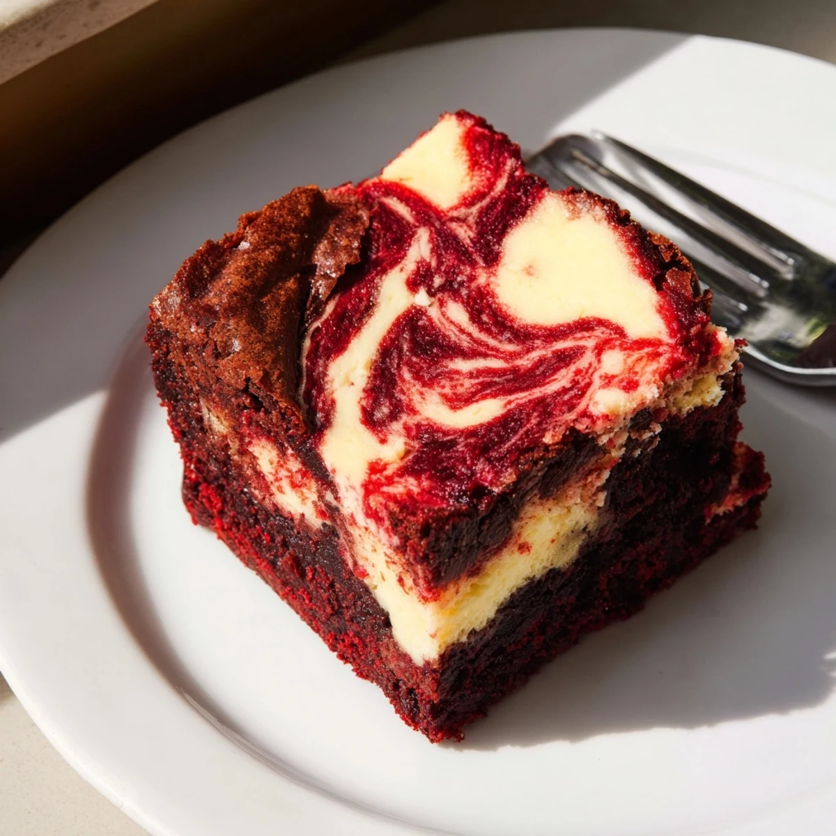 Rich Red Velvet Brownies with Cheesecake Swirl on a marble counter next to fresh raspberries and milk.